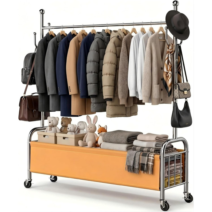 Вішалка для одягу сталева з кошиком для білизни, навантаження до 115 кг, 3-в-1, для спальні та передпокою UP-B1-R01