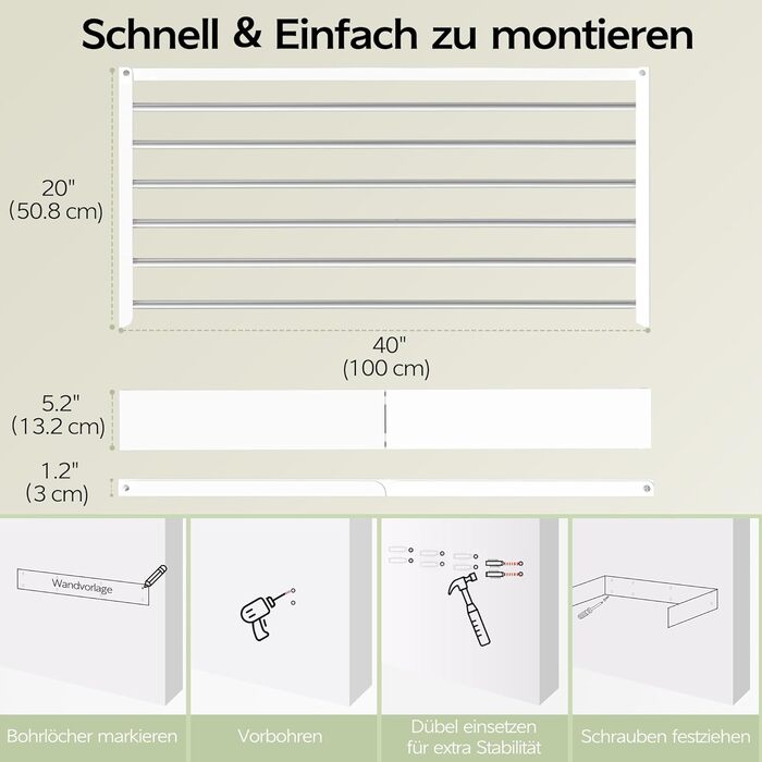 Настінна сушилка для одягу 32' (80 см), Складна, Біла. Для дому, з шаблоном для монтажу