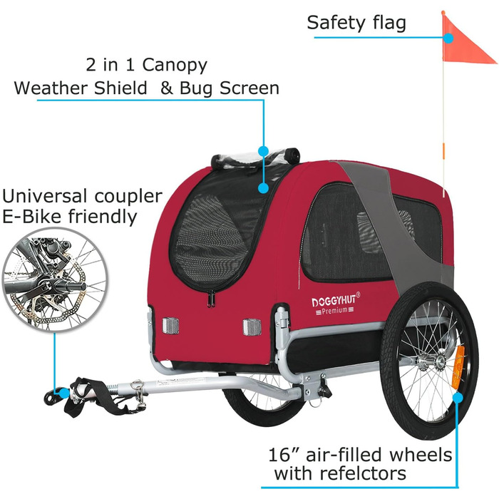 DOGGYHUT® Преміум велосипедний причіп для собак середнього розміру до 23 кг, складний (червоний)