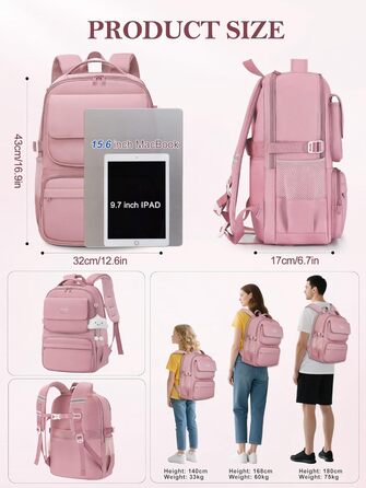 Шкільний рюкзак FIORETTO для дівчаток-підлітків, рюкзак для жінок з відділом для ноутбука 15,6', водонепроникний, легкий, 25L, для школи та подорожей, рожевий