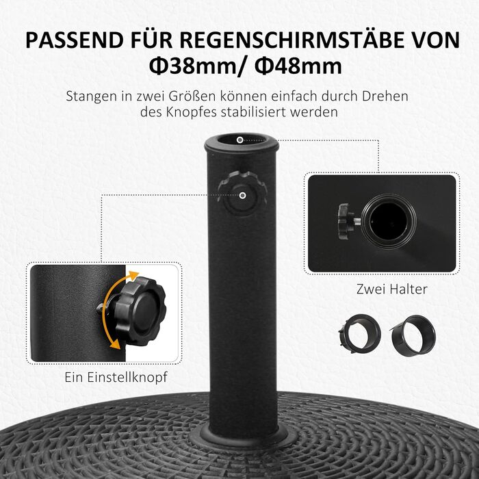 Outsunny Parasol Stand Umbrella Stand Umbrella Holder Umbrella Base 25 kg Rattan-look Stand Umbrella Ø38/48 mm with Wheels Resin + Metal Black Ø52 x 41 cm