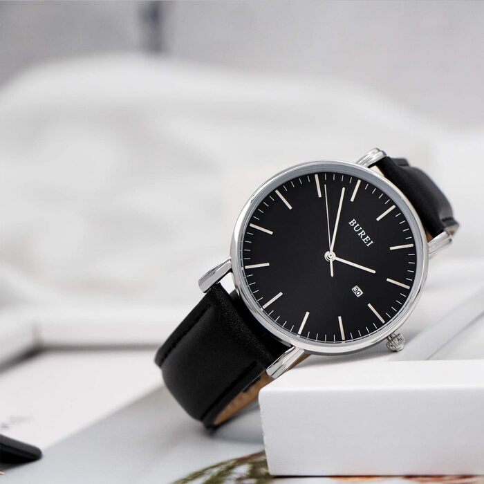 Годинник чоловічий BUREI, мінімалістичний, аналоговий кварцовий годинник з сітчатим ремінцем, чорний/срібний, подарунок для чоловіків