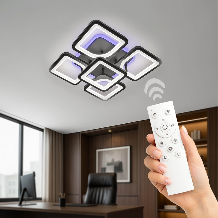 Сучасна стельова LED-люстра LEDLUX, чорна, на 6 точок, з пультом керування, 81 Вт