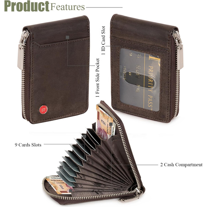 Чоловічий шкіряний гаманець з RFID-захистом Hornbull | Вертикальний картхолдер з блискавкою, колір кавовий