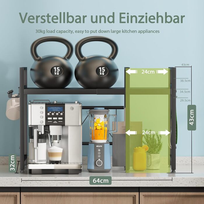 Регульована підставка для мікрохвильової печі NETEL 2-ярусна, кухонна полиця над мікрохвильовою печчю, полиця для робочої поверхні, висувна 40-60 см, з тримачем для напоїв та кошиком, чорний