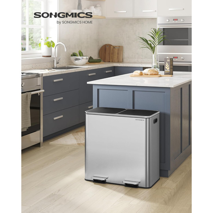Сміттєвий бак SONGMICS подвійний, 80л, педальний, для кухні, металевий, з пластиковим відром, закривається щільно, чорний/срібний (LTB60BK)