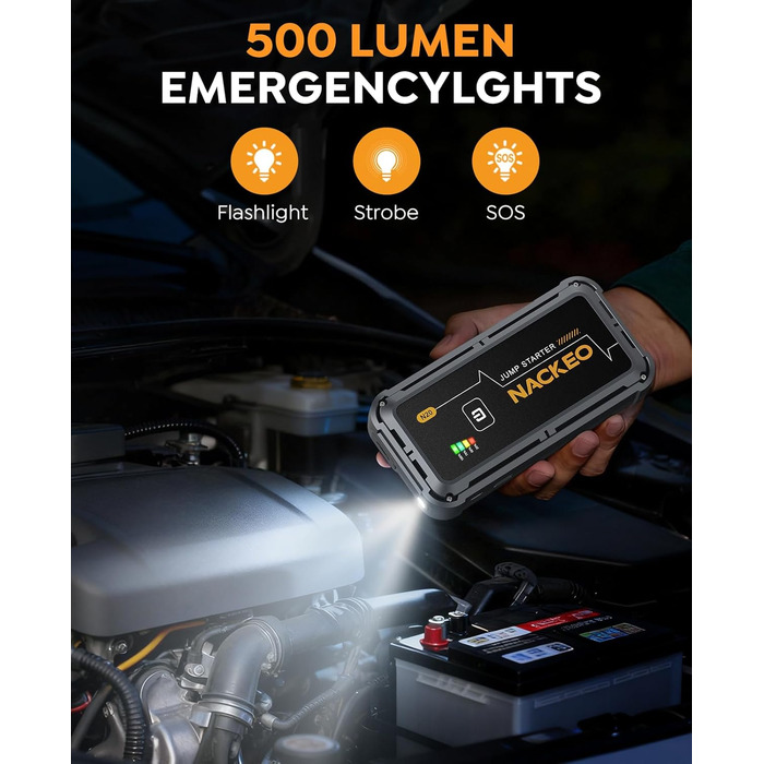 Powerbank Starthilfe 7000A: Зарядний пристрій для автомобіля, 12V, для бензинових та дизельних двигунів (до 10л), з кабелями та LED-ліхтариком, для авто, SUV, вантажівок, мотоциклів