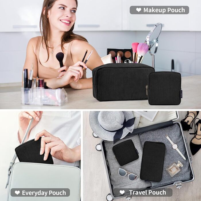 Косметичка MAGEFY для макіяжу: 2 шт. (бежева + чорна), з відділеннями, для подорожей, з корду, для жінок