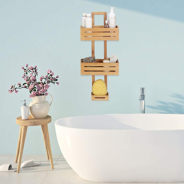 Relaxdays Shower Shelf Bamboo H x W x D: 65 x 28 x 15.5 cm Shower shelf made of wood as a hanging shelf for the shower with 3 shelves, shower basket as a bathroom shelf for hanging and a rust-free bathroom cabinet and shelf, natural