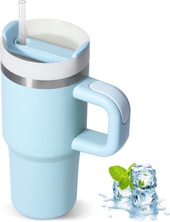Термокружка ZAKVOP 410мл з соломкою, з кришкою та ручкою, для гарячих та холодних напоїв, блакитна