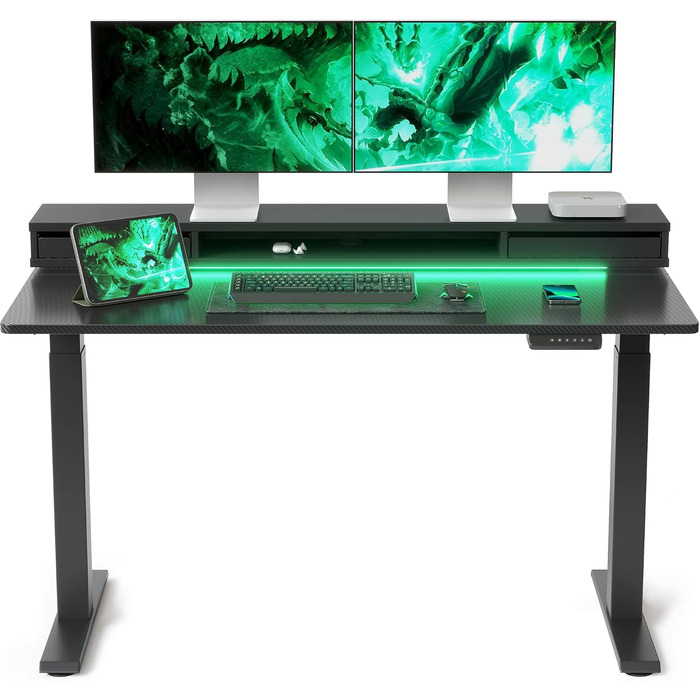 FEZIBO Electric Standing Desk with 2 Drawers, 140x60cm - Height Adjustable Desk with Memory Control, Anti-Collision System, Light Brown - Home Office & Standing Desk