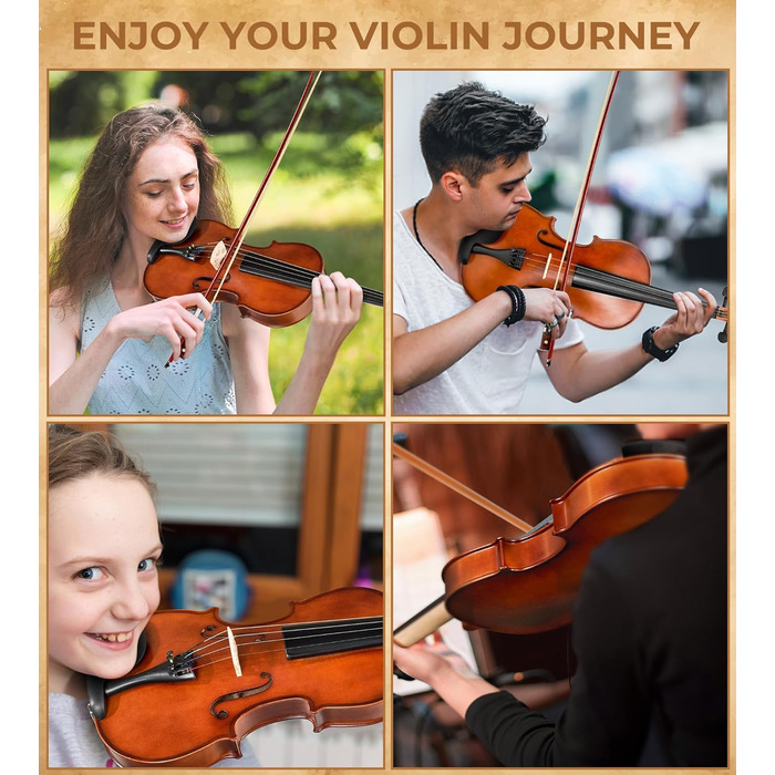 Скрипка Vangoa 4/4 з масиву дерева, набір для початківців, акустична, з кейсом, підставкою, смолою, струнами, інструкцією, демпфером, наклейками для нот, для дорослих, дітей та підлітків