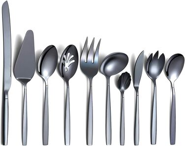 Berglander Black Silverware Serving Set, 10-Piece, Stainless Steel Cutlery Serving Set with Black Titanium Coating, Serving Spoon, Silver Serving Utensil, Rustproof, Lead-Free (10 Pieces)