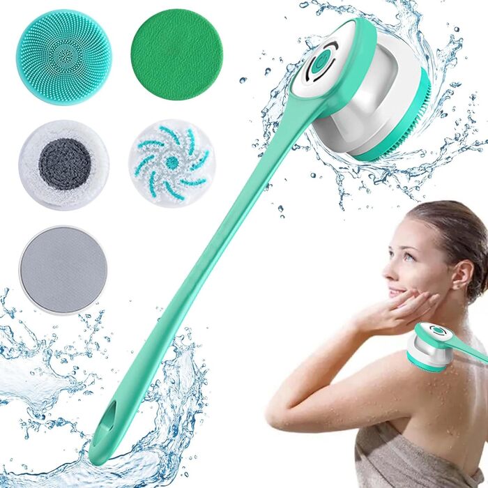 Electric Body Brush Bath Brush Back Brush With 5 Attachments: Long-Handled Back Brush IP67 Waterproof 3 Speed Spin Cleaning Brush for Spa Shower Exfoliating Massage Brush (Green)