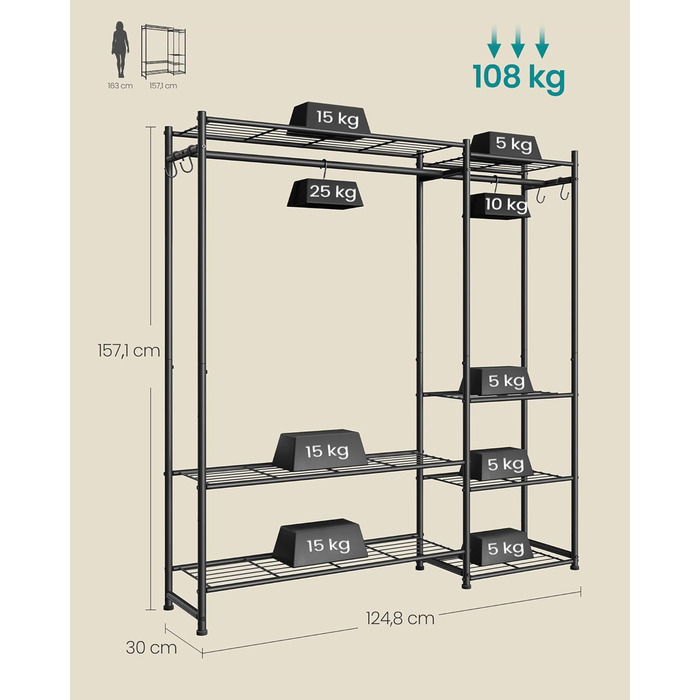 SONGMICS Стійка для одягу, відкритий шафа, вішалка для одягу з 10 полицями, 3 перекладинами, 4 гачками, металевий каркас, для спальні, вітальні, передпокою, чорний LGR011BZ01 (124,8B см)