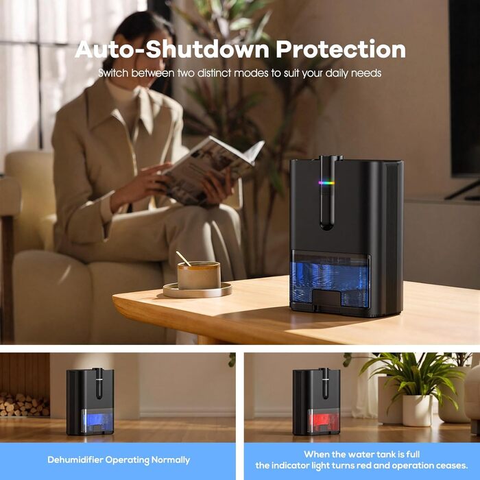 Електричний осушувач повітря для дому, 80м², 2500 мл, автоматичне відтанення, режим сну, захист від вологи та плісняви, для ванної кімнати/спальні, чорний