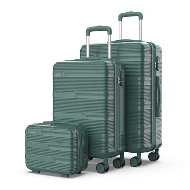 Набір валіз NUMADA Upfly T10 (3 шт.) з ABS: ручна валіза 55x40x20, середня валіза 66x44x26, косметичка. Зелений колір. Безпечний та міцний.