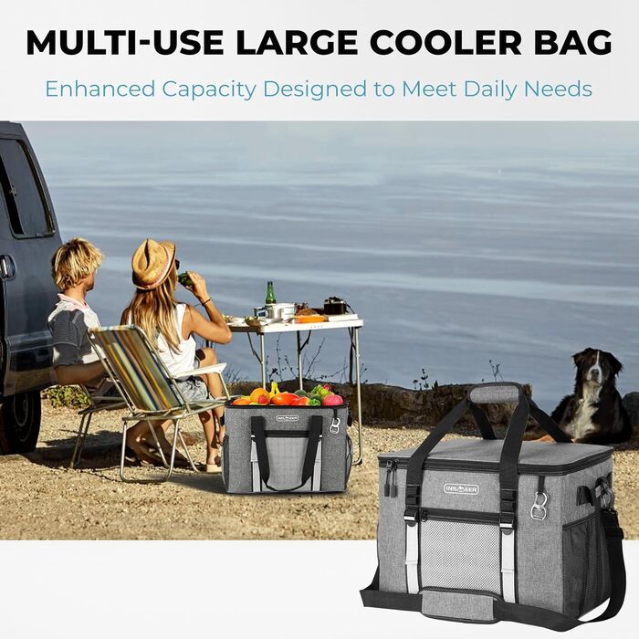 Сумка-холодильник INSMEER 50 л, велика, розкладні, для 80 банок, з відкривачем, для пікніків, кемпінгу, пляжу, сімейних поїздок на 4 особи (темно-сірий)
