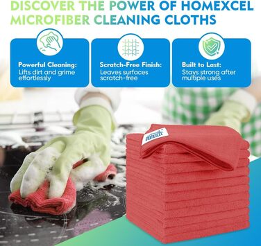 Набір серветок з мікрофібри HOMEXCEL для авто, дому та кухні, багаторазові гігроскопічні ганчірки для прибирання, червоні, 29.2 x 29.2 см, 12 шт.