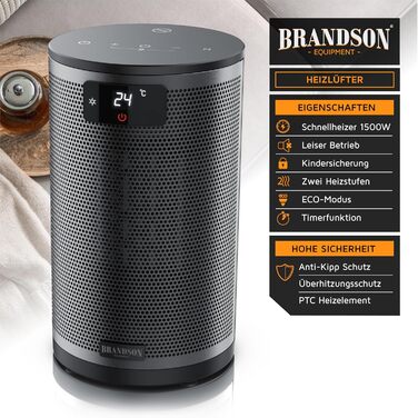 Електричний обігрівач Brandson з пульт дистанційного керування, 1500 Вт, 2 режими, ECO-режим, захист від перекидання та перегріву