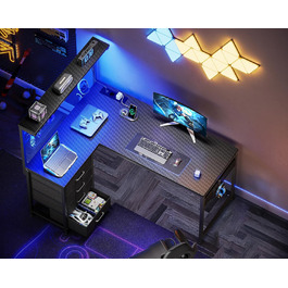 Ігровий стіл Coleshome з LED-підсвічуванням, 130 x 100 см. Реверсивний стіл з шухлядами та розетками, кутовий стіл з полицею та місцем для зберігання. Колір: вуглецеве волокно, чорний