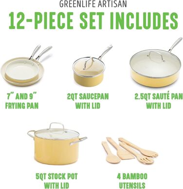 Набір посуду GreenLife Artisan Healthy Ceramic Nonstick, 12 предметів, з нержавіючою сталі, без PFAS, придатний для миття в посудомийній машині, для духовки, жовтий