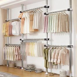 Телескопічна система для гардеробу: розширювана штанга для одягу з 6 штангами та 2 гачками, регульована полиця 110-300 см, для дому та магазину одягу, білий (срібний)