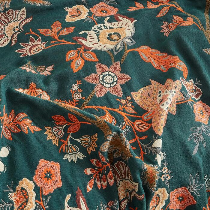 SE SOFTEXLY Boho плед з 100% бавовни – двосторонній мусліновий плед 150x200 см, м'який плед на диван та ковдра на ліжко, естетичний дизайн, ідеальний для вітальні та спальні, Orange/Grün Blütentraum (230 x 250 cm, Blütentraum)