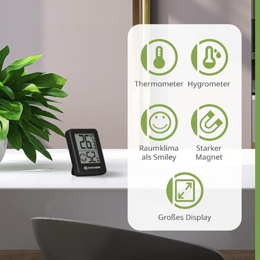Bresser 6-Piece Thermometer Hygrometer Set - Digital Room Thermometer for Controlling Indoor Humidity, Refrigerator Suitable, Wall Mounting and Magnetic, Mold Prevention - Smiley Indicator, Black