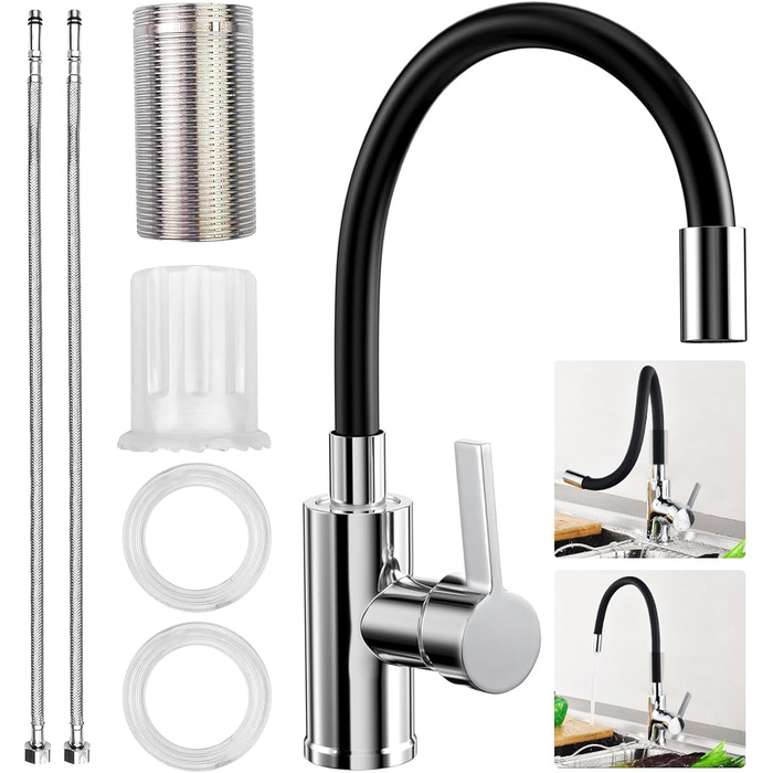 Чорний кухонний змішувач з гнучким виливом, 360° поворот, однорідний, з економічним аератором, нержавіюча сталь