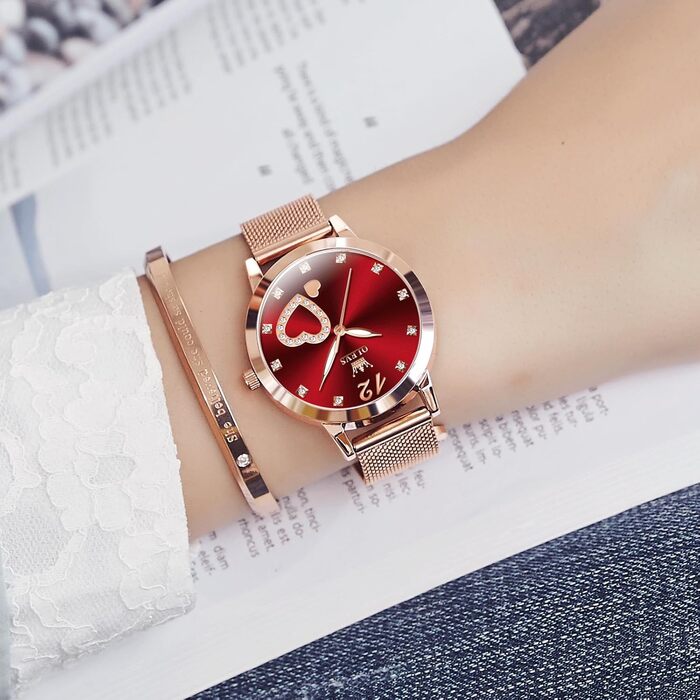 Годинник жіночий OLEVS Roségold: стильні годинники з нержавіючої сталі з мережевим ремінцем, ультратонкі, з діамантовим сердечком, водостійкі, рожеве золото