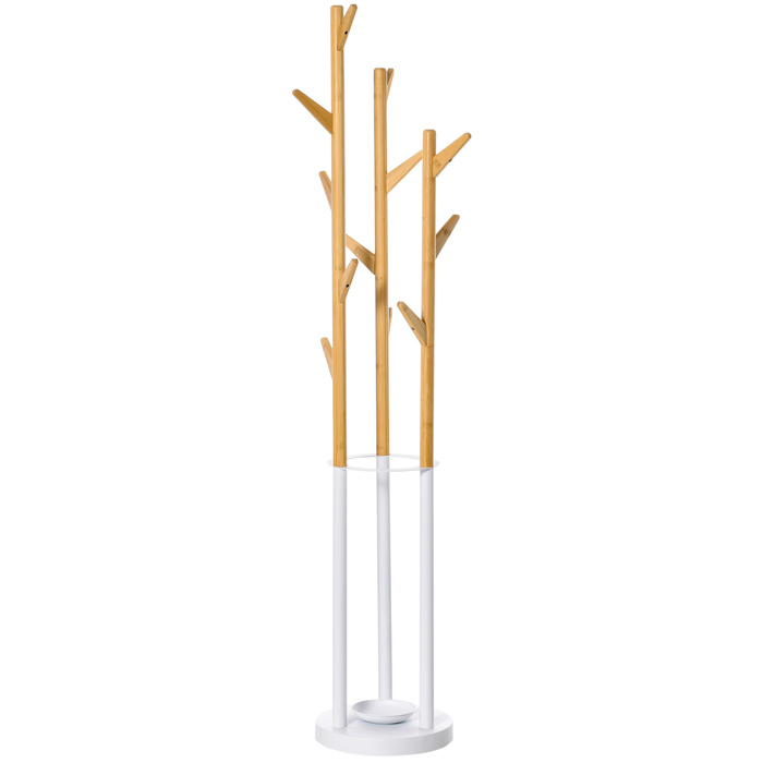 HOMCOM Coat Rack with 12 Hooks and Umbrella Stand - Tree Design, Modern Clothing Rack for Coats, Hats, Bags - Perfect for Living Room, Bedroom, Bamboo & White Finish