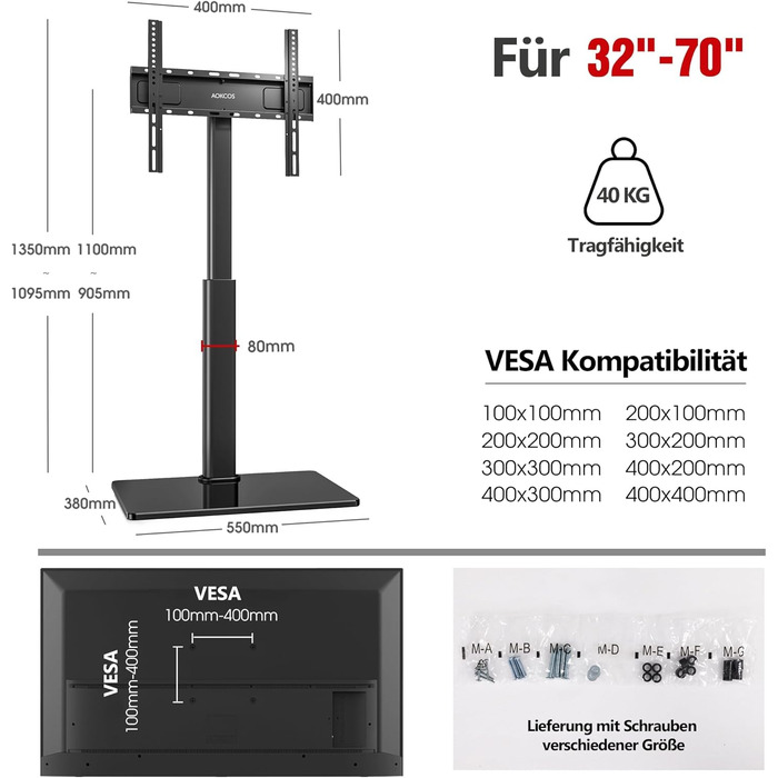 AOKCOS Adjustable TV Stand Base - Tilting & Swivel, Height 1350mm, for 32-70 inch TVs, VESA 400x400, 40kg Max Load (White/Black)