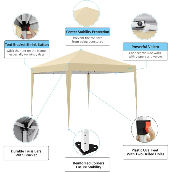 COBIZI Gazebo 3x3 Waterproof, Stable, Winter-Proof Foldable Gazebo 3x3 with 4 Side Walls Outdoor Pop-up Gazebo Folding 3x3m UV Protection 50+ Garden Tent Party Tent Folding Party Tent incl. Bag (Khaki)