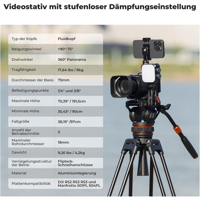 Штатив для камери K&F CONCEPT VA3+BV10: професійний відеоштатив з поворотним кріпленням, 184 см, для DSLR та відеокамер