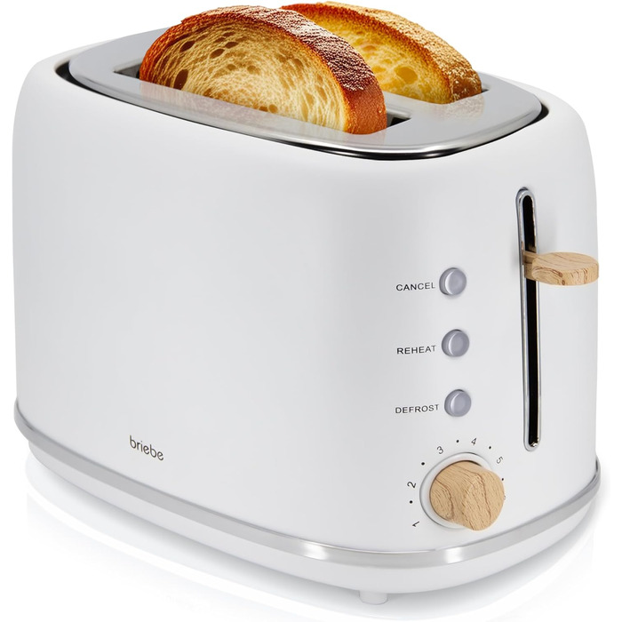 Тостер Briebe Nordic Set з широкими слотами та підставою для бургерів, 6 режимів підсмажування + Електричний чайник 1,7л, 2200W, BPA-free, Набір для сніданку, Скандинавський дизайн (Білий)