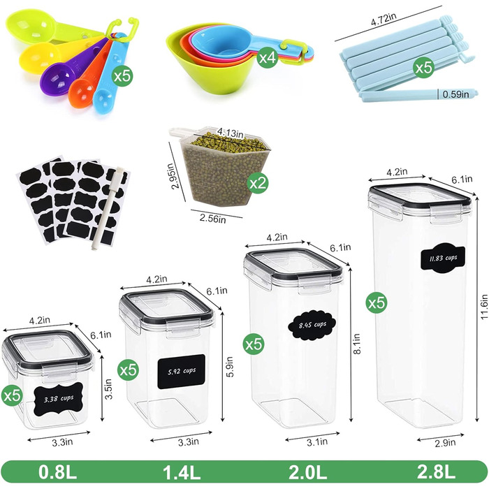Набір контейнерів для зберігання продуктів, 20 шт. з герметичними кришками, BPA-free, для кухні (крупи, борошно, цукор)