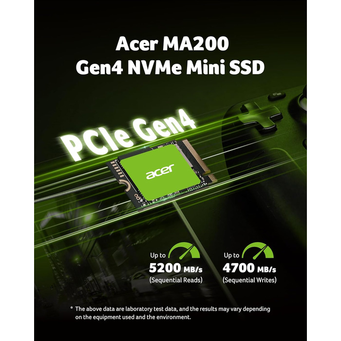 SSD Acer FA200 PCIe 4.0 NVMe 512GB: швидкість до 7200 МБ/с, M.2 2280, Gen4x4, HMB, SLC, для ноутбука/ПК/геймінгу, сумісний з PS5
