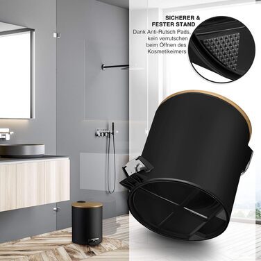 Смітник для косметики VMbathrooms 3L з педаллю та бамбуковою кришкою, Soft-Close, чорний матовий, для ванної кімнати та туалету