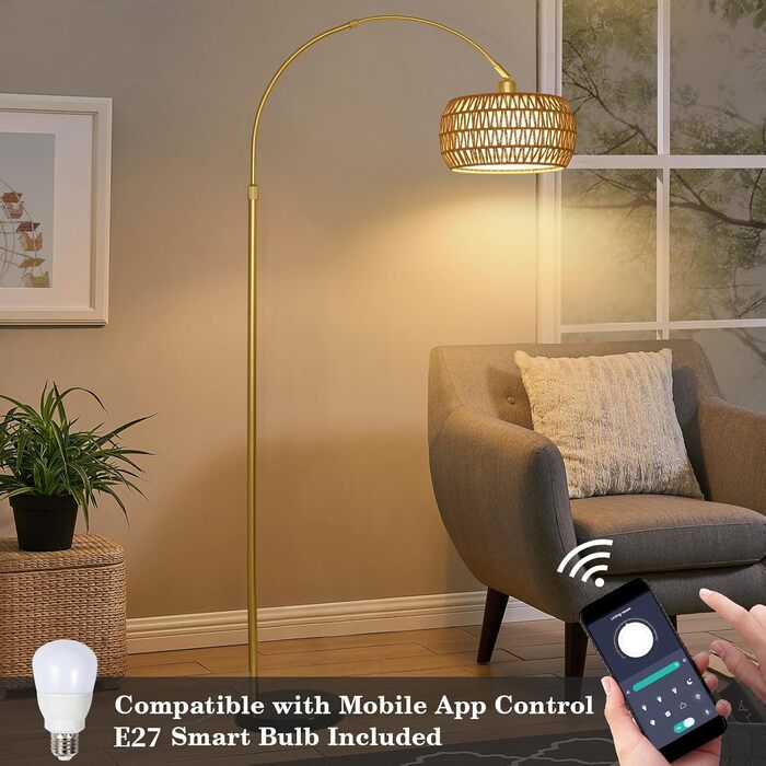Rayofly Торшер для вітальні Bogenlampe, бохо стиль, ротанг, з пультом ДУ та LED-лампою, керування через додаток, димування, для спальні, офісу (Золотий)