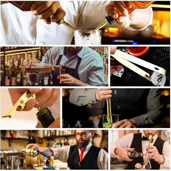 Набір шейкер для коктейлів Esmula 750 мл, 12 предметів, нержавіюча сталь, барменський аксесуар, подарунок для чоловіків та жінок, з книгою рецептів (Золотий)