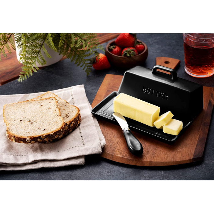 Ceramic Butter Dish Set with Lid and Knife – Black – Decorative Butter Crock Holder for 1 Butter – Microwave Safe, Dishwasher Safe – Includes Scratch-Free Stickers