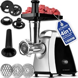 М'ясорубка електрична Bomann® FW 6067 CB Edelstahl (1000W) з насадкою для печива та вареників, 3 металеві диски, функція реверсу, набір для фаршу, нержавіюча сталь, модель 2024