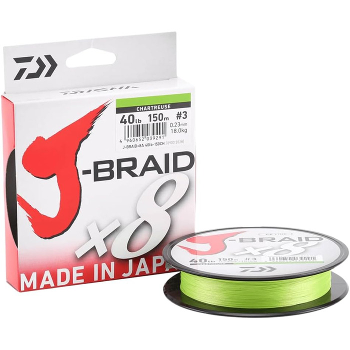 Плетена риболовна волосінь Daiwa J-Braid 8, 0.24 мм, 18 кг, 300 м, салатова, кругле плетіння