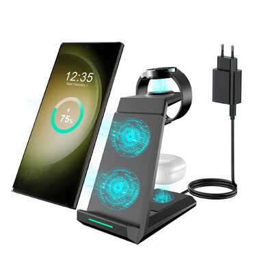 Бездротова зарядка 3-в-1 для Samsung Galaxy: годинники, навушники, смартфони. Сумісна з Galaxy Watch 8/7/6/5/5 Pro/4/3/Active 2, S25, S24, S23, S22 Ultra, S21, Note 20, Buds. Чорний колір.