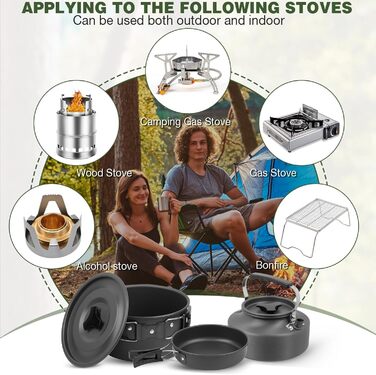 Набір кухонного посуду для кемпінгу: 15 предметів, чорний. Ідеально для пікніків, походів та кемпінгу. Включає казанок, сковорідку, чайник та інше.