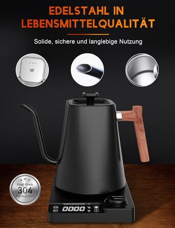 Vmotal Stainless Steel Kettle with Temperature Setting, Swan Neck Kettle, 24-Hour Keep Warm Function, 1200W Electric Kettle with Temperature Display, 1L Coffee Kettle