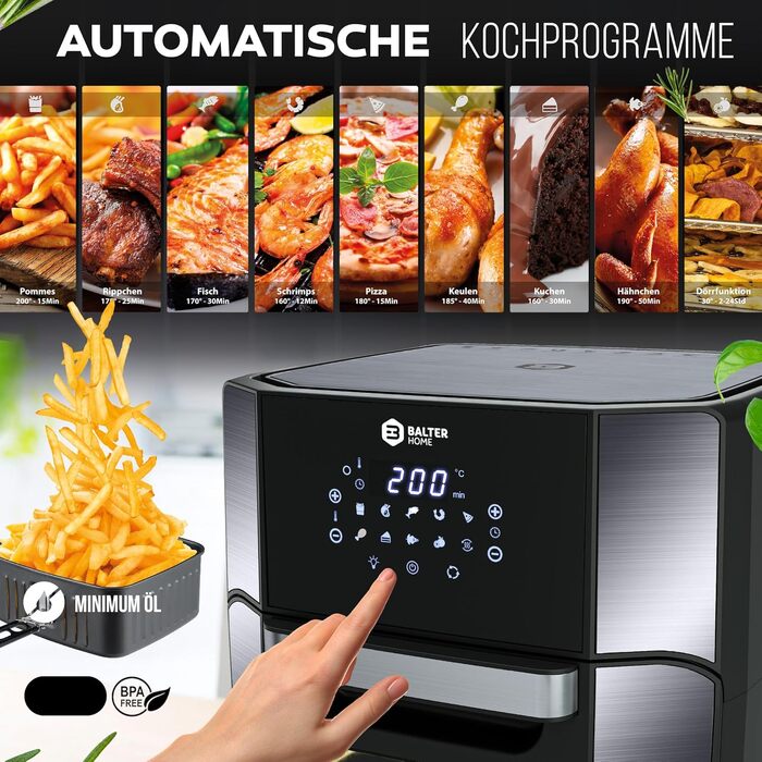 Мультипечі Airfryer Balter HL-1200 XXL: аерофритюрниця, міні-духовка та дегідратор 12л, 10 програм, чорна