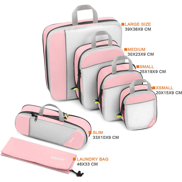 Органайзери для валізи Gonex (6 шт) - набір кубиків для пакування, зелені/рожеві