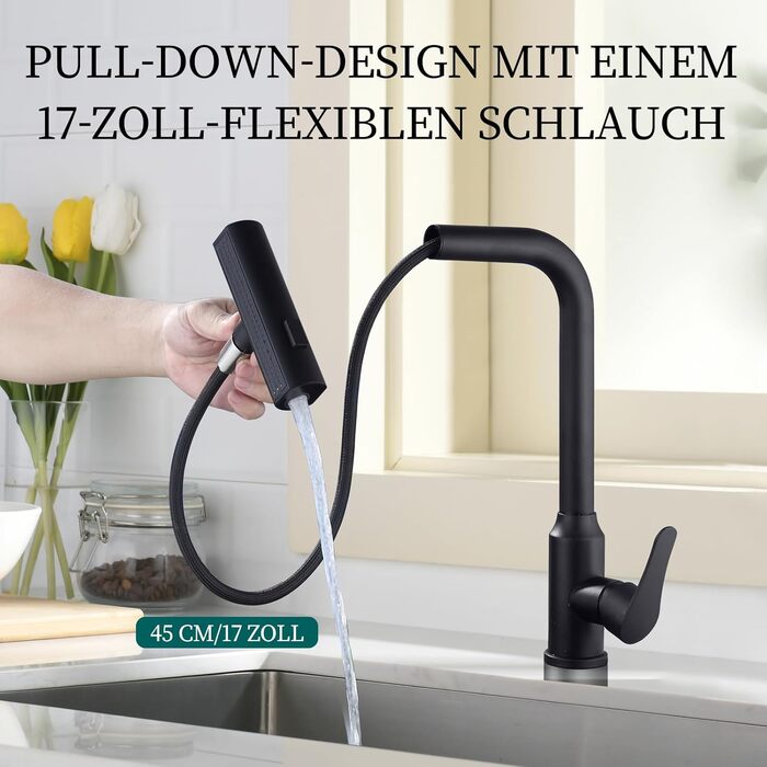 Кухонний змішувач водопровідний висувний з душем, 3 режими, 360° поворот, чорний, нержавіюча сталь